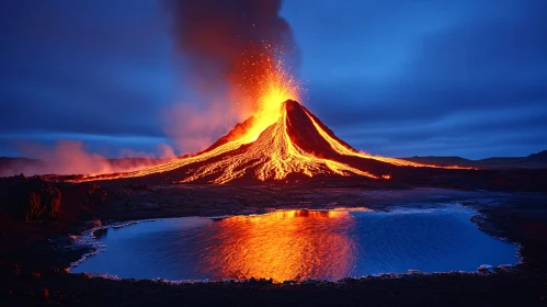 Erupting Volcano with Fiery Lava and Reflective Lake