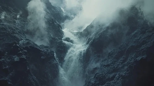 Waterfall in Rugged Misty Landscape