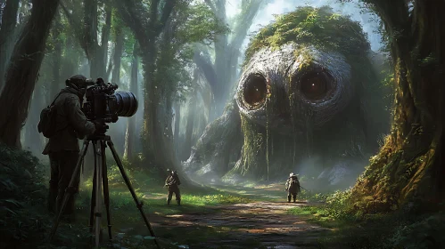 Explorers Encountering a Giant Creature in a Forest