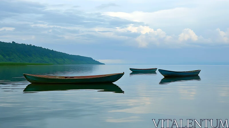 Peaceful Lake with Floating Boats AI Image