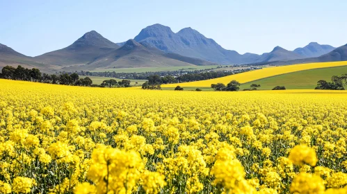 Yellow Canola Flowers with Mountains in the Background