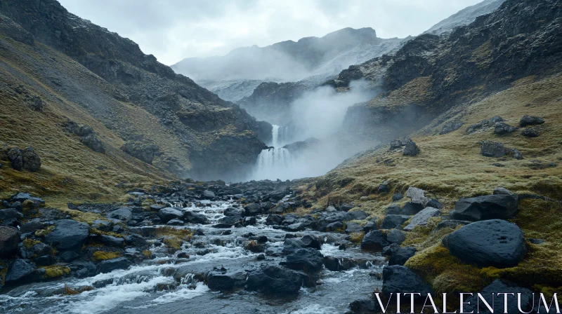 Enchanted Misty Waterfall in a Rocky Valley AI Image