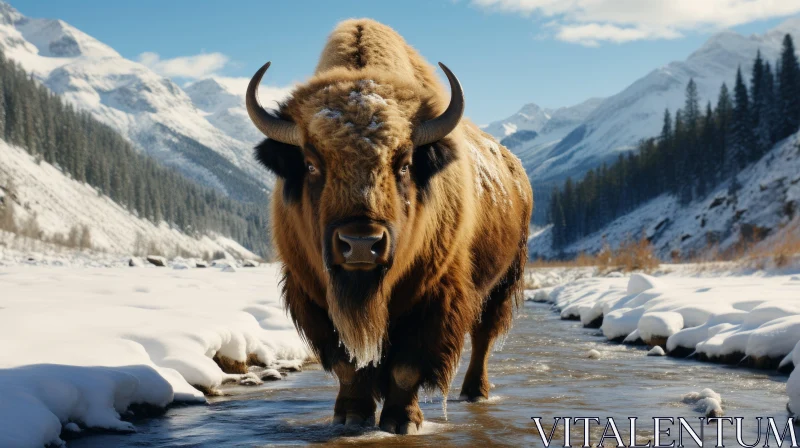 Bison in Snowy Landscape by Mountain Stream - Artistic Render AI Image