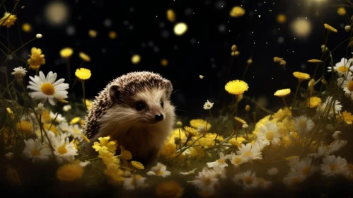 Charming Hedgehog in a Moonlit Daisy Field