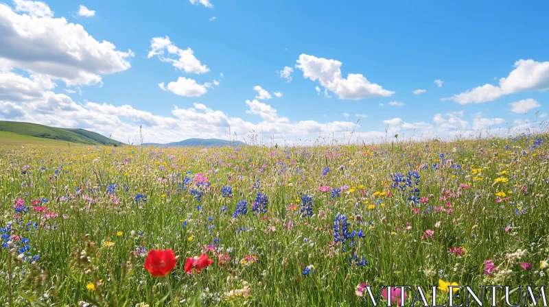 AI ART Vibrant Meadow with Wildflowers and Clear Skies