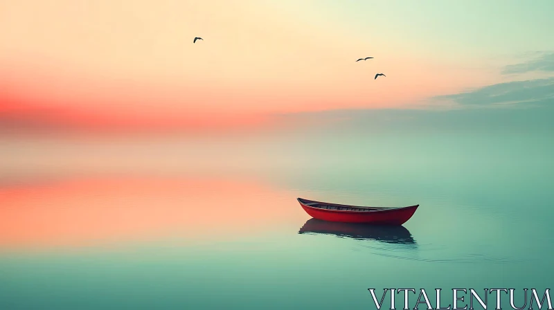 Serene Red Boat Floating on a Pastel Lake at Dusk AI Image