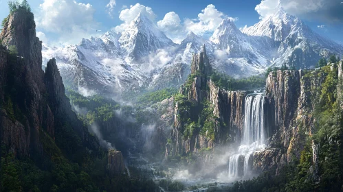 Stunning Landscape of Mountains, Forest, and Waterfall