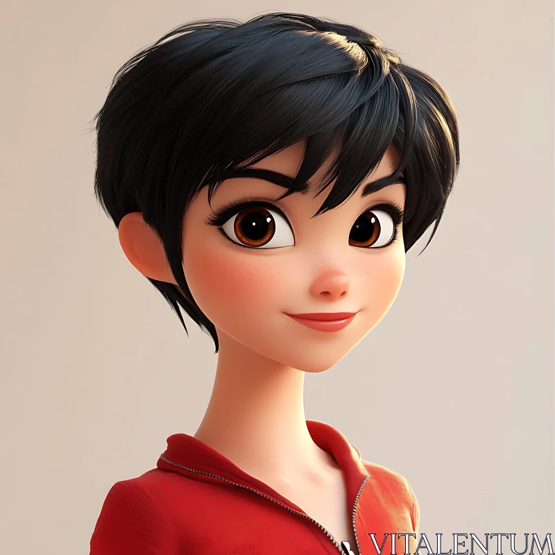 Friendly Animated Girl with Red Shirt and Short Hair AI Image