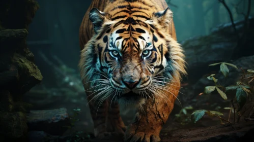Mesmerizing Tiger in Forest Displaying Intense Gaze and Powerful Energy