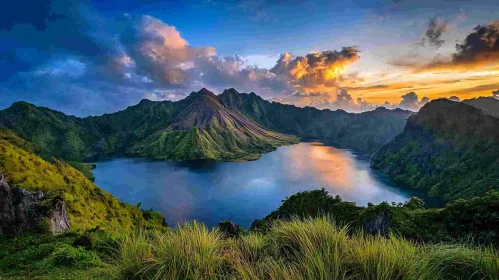 Serenity at the Mountain Lake During Sunset