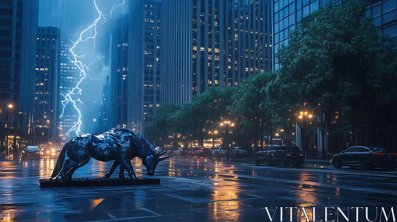 Urban Nightscape with Bull and Lightning AI Image