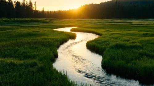 Sunset River Landscape with Green Grass and Forest