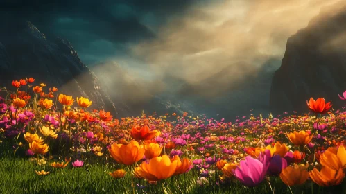 Blooming Meadow Against Mountain Backdrop