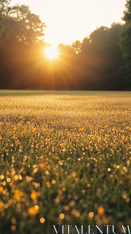 Golden Morning in a Dewy Field AI Image