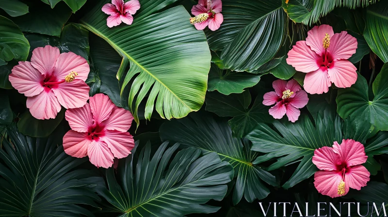 Vibrant Pink Hibiscus and Green Tropical Leaves AI Image