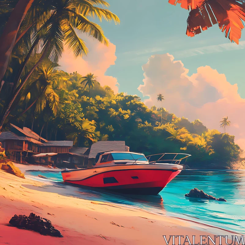 AI ART Tropical Island Escape with Palm Trees and Sunset