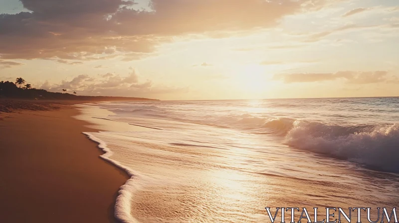 Beach Sunset with Gentle Waves and Golden Sand AI Image