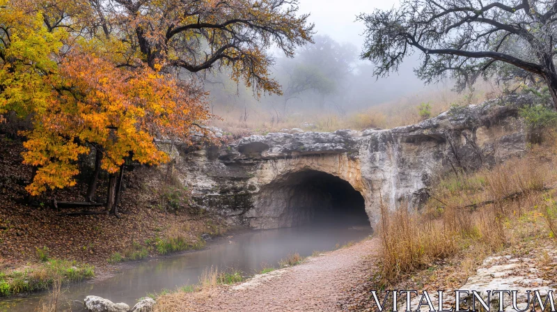 Autumn Forest with Cave and Stream AI Image