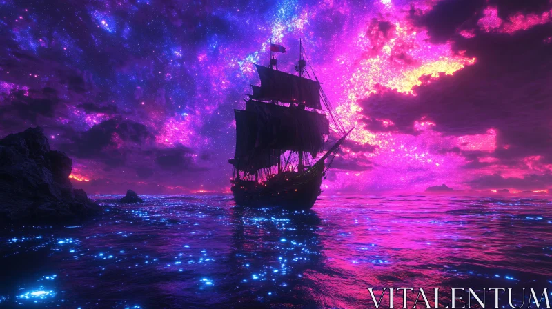 Fantasy Scene with Ship and Bioluminescent Ocean AI Image