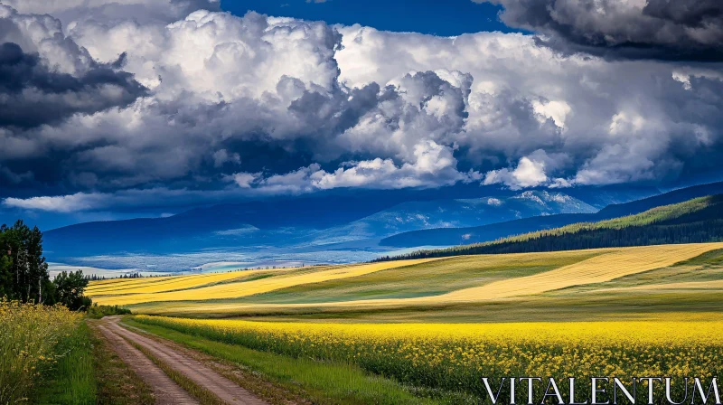 AI ART Picturesque Yellow Fields with Cloudy Mountain Backdrop