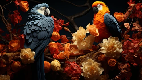 Chiaroscuro Portraiture of Parrots with Orange Flowers