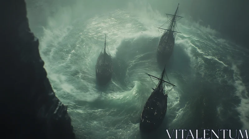 Nautical Vessels in Peril Amidst a Whirlpool AI Image