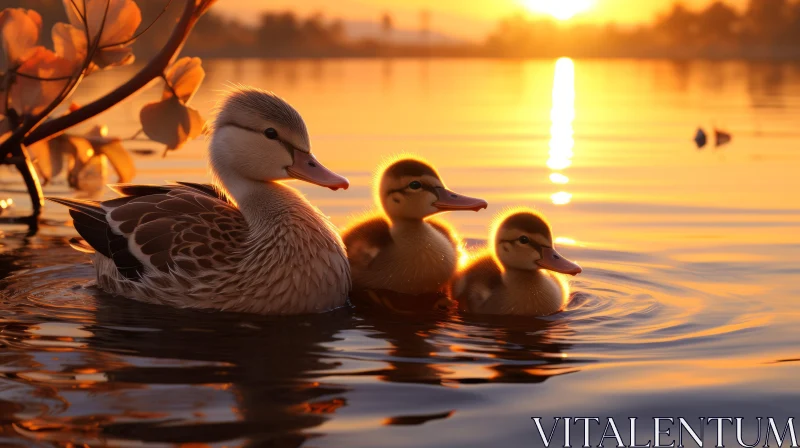 Graceful Ducks on Water: A Golden Backlit Display AI Image