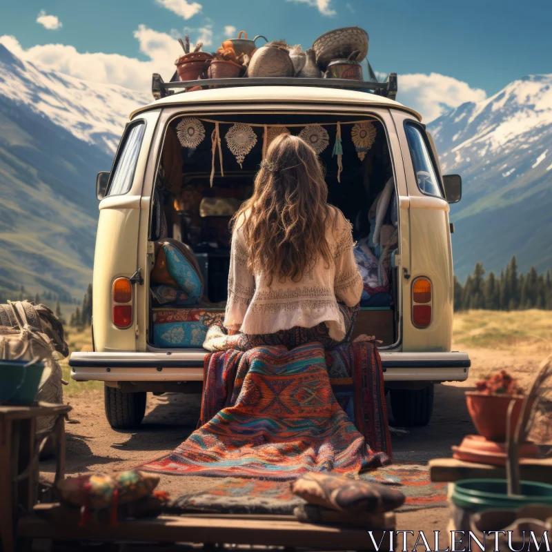 Woman on Vintage Van Porch amidst Mountainous Vistas AI Image