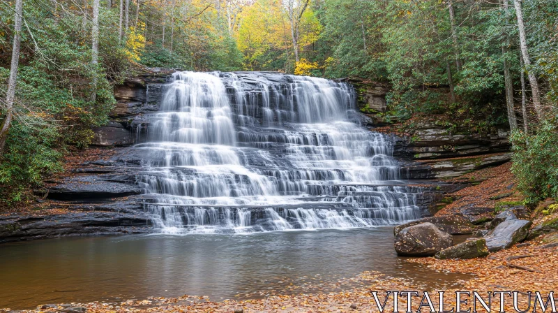 AI ART Serene Forest Waterfall Amidst Autumn Foliage