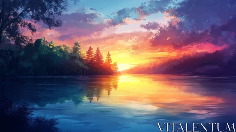 Tranquil Evening Lake Scene with Colorful Sunset AI Image