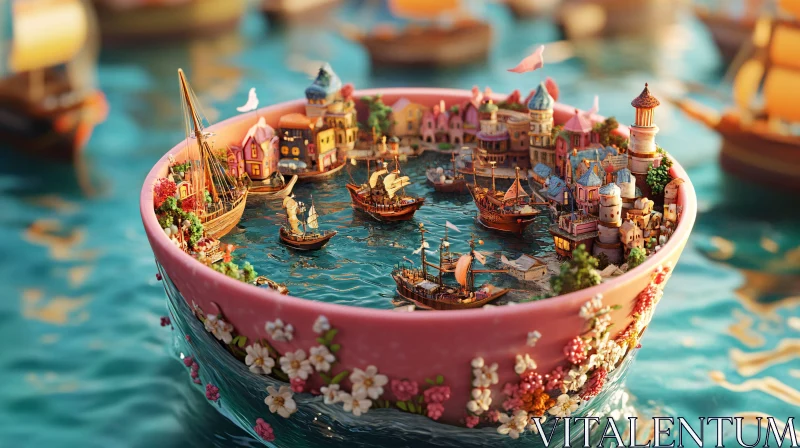 Fantasy Miniature City in a Decorative Floral Bowl AI Image