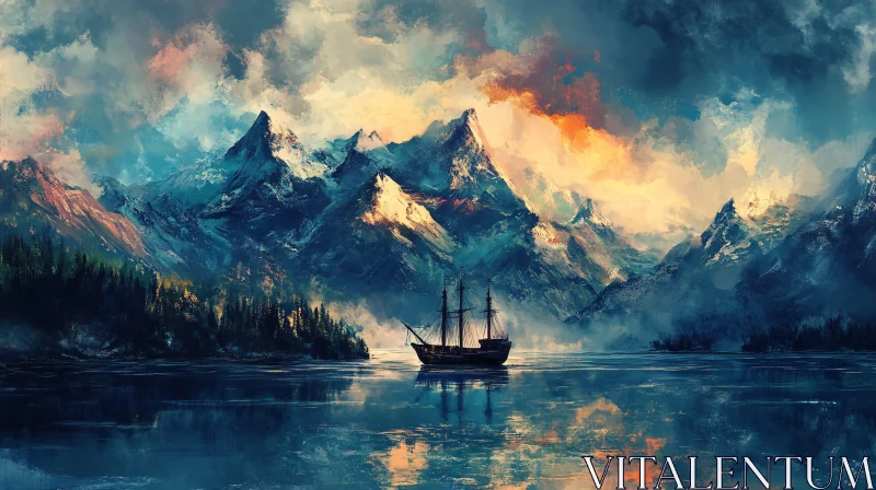 Serene Lakeside with Ship and Snow-Capped Peaks AI Image