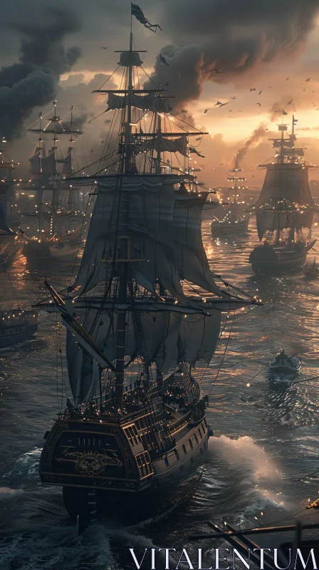 Dramatic Naval Battle at Sundown AI Image