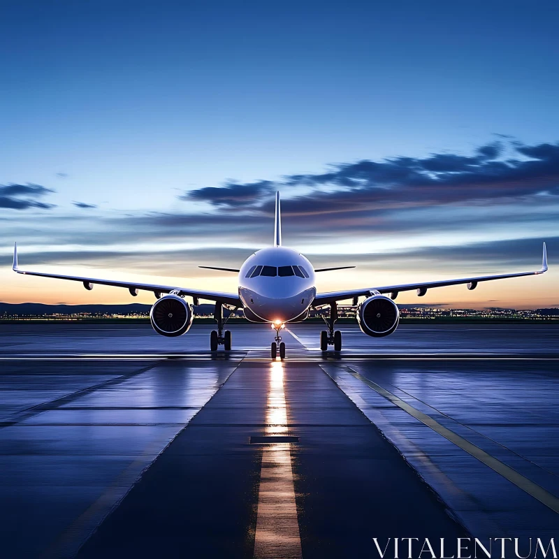 Aircraft in Twilight on Wet Runway AI Image