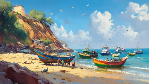 Scenic Seaside with Vibrant Fishing Boats