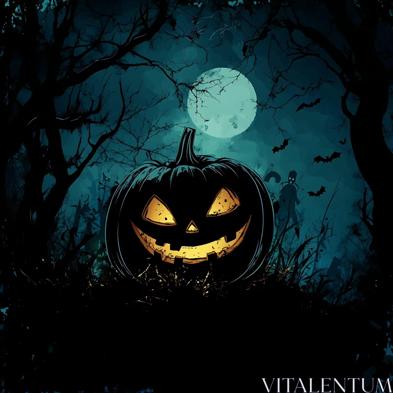 AI ART Eerie Halloween Night with Illuminated Pumpkin and Moonlight