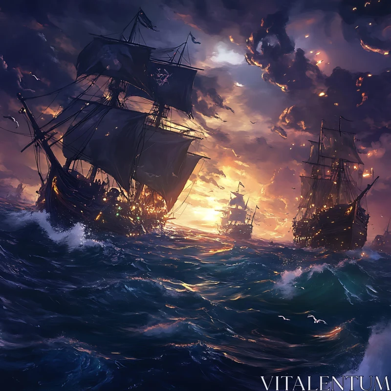 AI ART Old Fleet in Stormy Sunset Seas