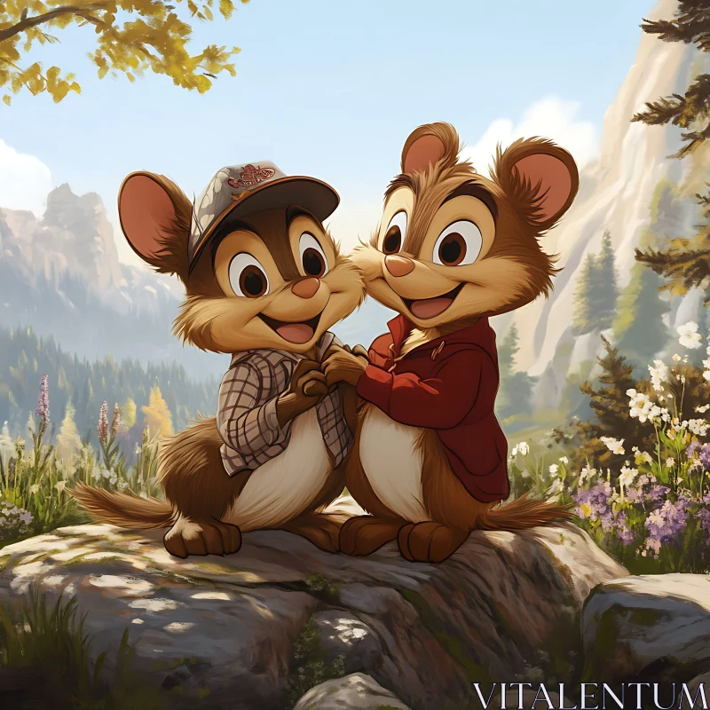 Chipmunk Friends in Scenic Forest Setting AI Image