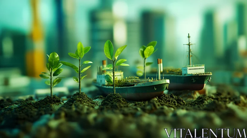 Urban and Nature Fusion: Growing Saplings and Mini Ships AI Image