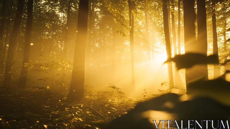 Golden Rays in a Misty Forest AI Image