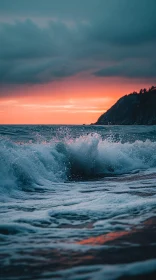 Sunset Over Waves by the Cliff