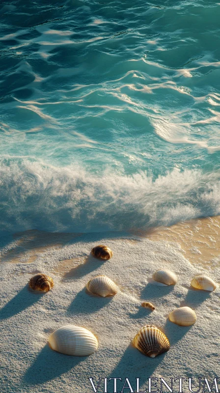 AI ART Tranquil Beach Scene with Seashells and Waves