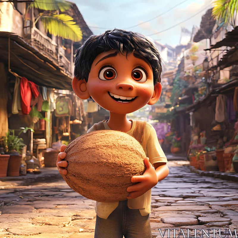 Happy Boy with Ball in Lively Village Street AI Image