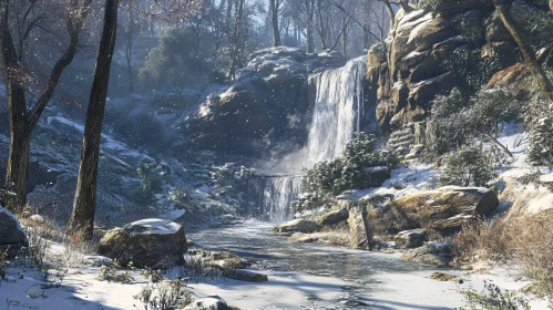 Tranquil Winter Scene with a Waterfall