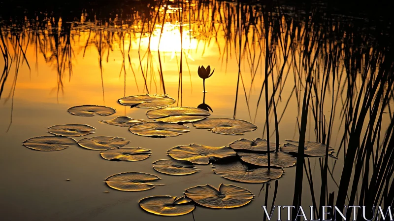 AI ART Golden Sunset Reflected on Tranquil Lake with Water Lilies