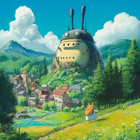 Whimsical Scene of Village and Giant Robot in Nature