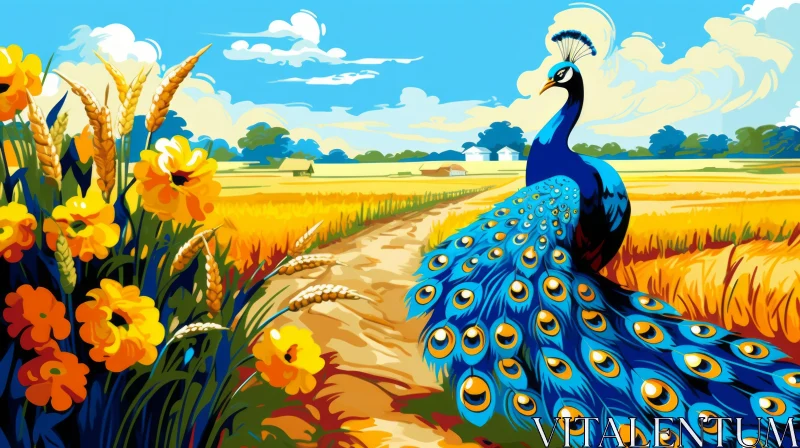 Colorful Peacock Amidst Yellow Flowers in Southern Countryside AI Image