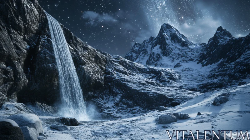 Starry Night Over Snowy Waterfall and Mountains AI Image