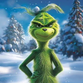 Mischievous Green Character in Winter Wonderland