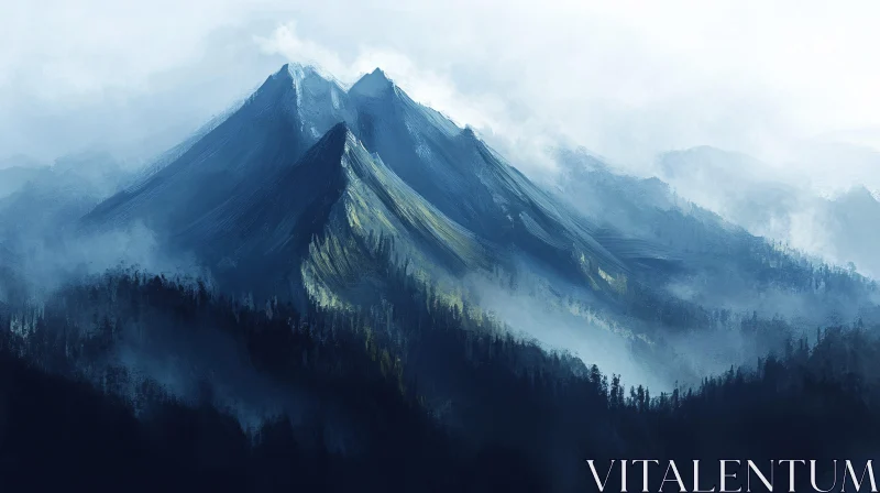 AI ART Blue and Green Mountains Shrouded in Mist